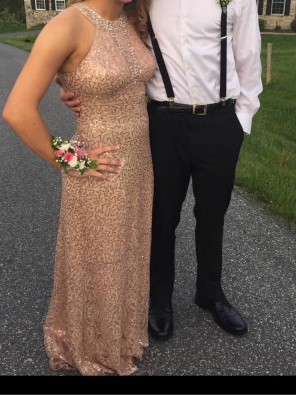 Beaded Halter Prom Gown in Blush Gold